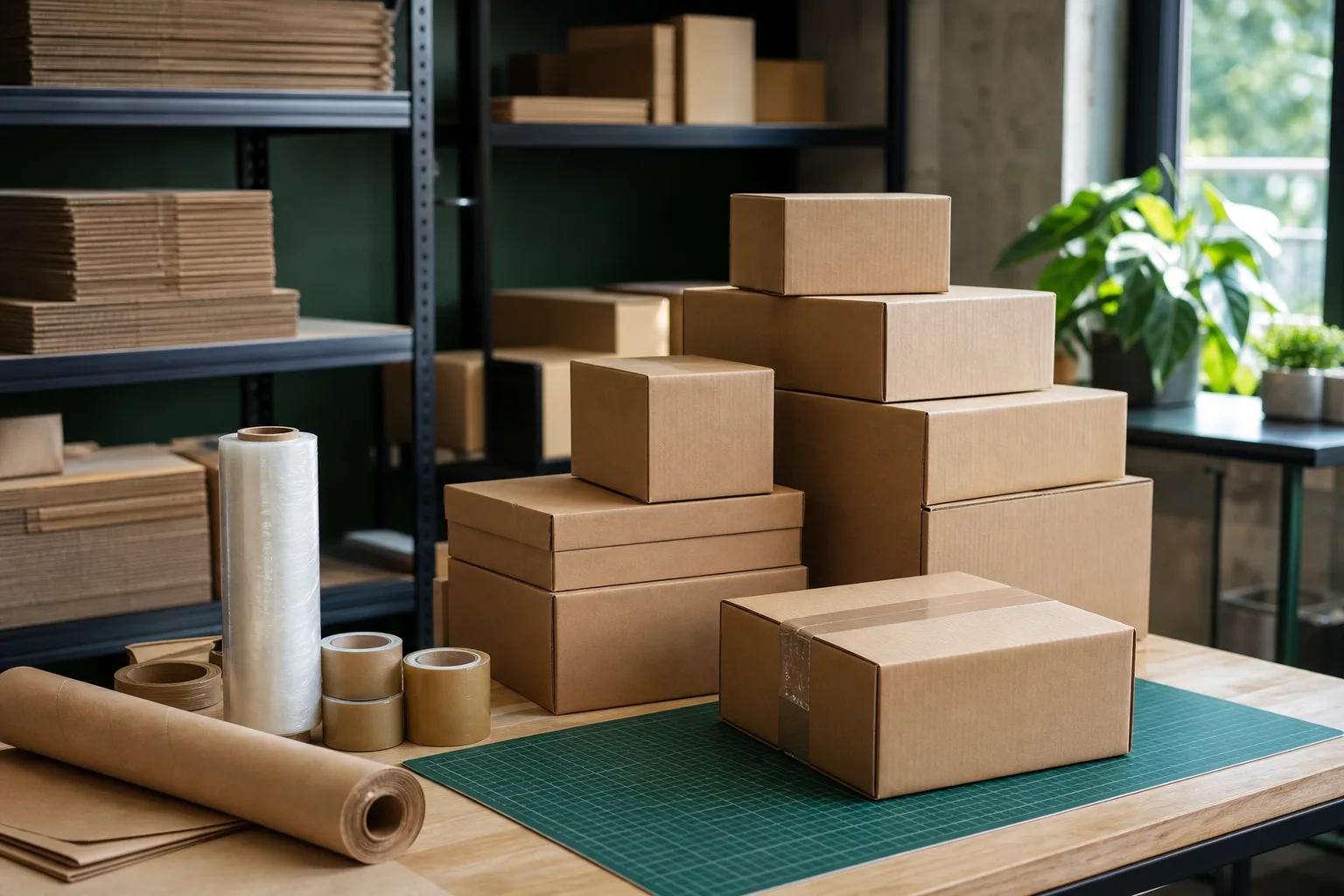 Organized packaging workspace with shipping boxes, packing tape, stretch wrap, and kraft paper