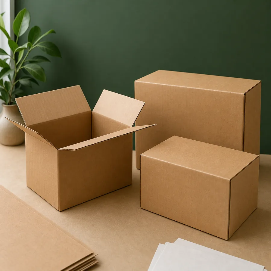 Unbranded corrugated shipping boxes arranged for online product browsing