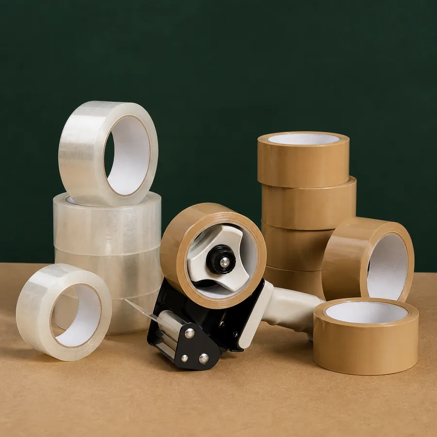 Clear and tan packing tape rolls with a handheld tape dispenser