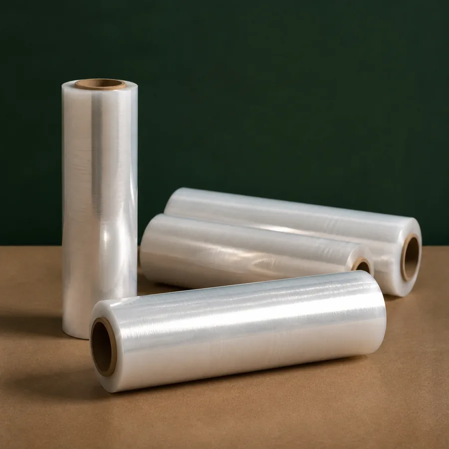 Transparent stretch wrap rolls arranged on a packing surface