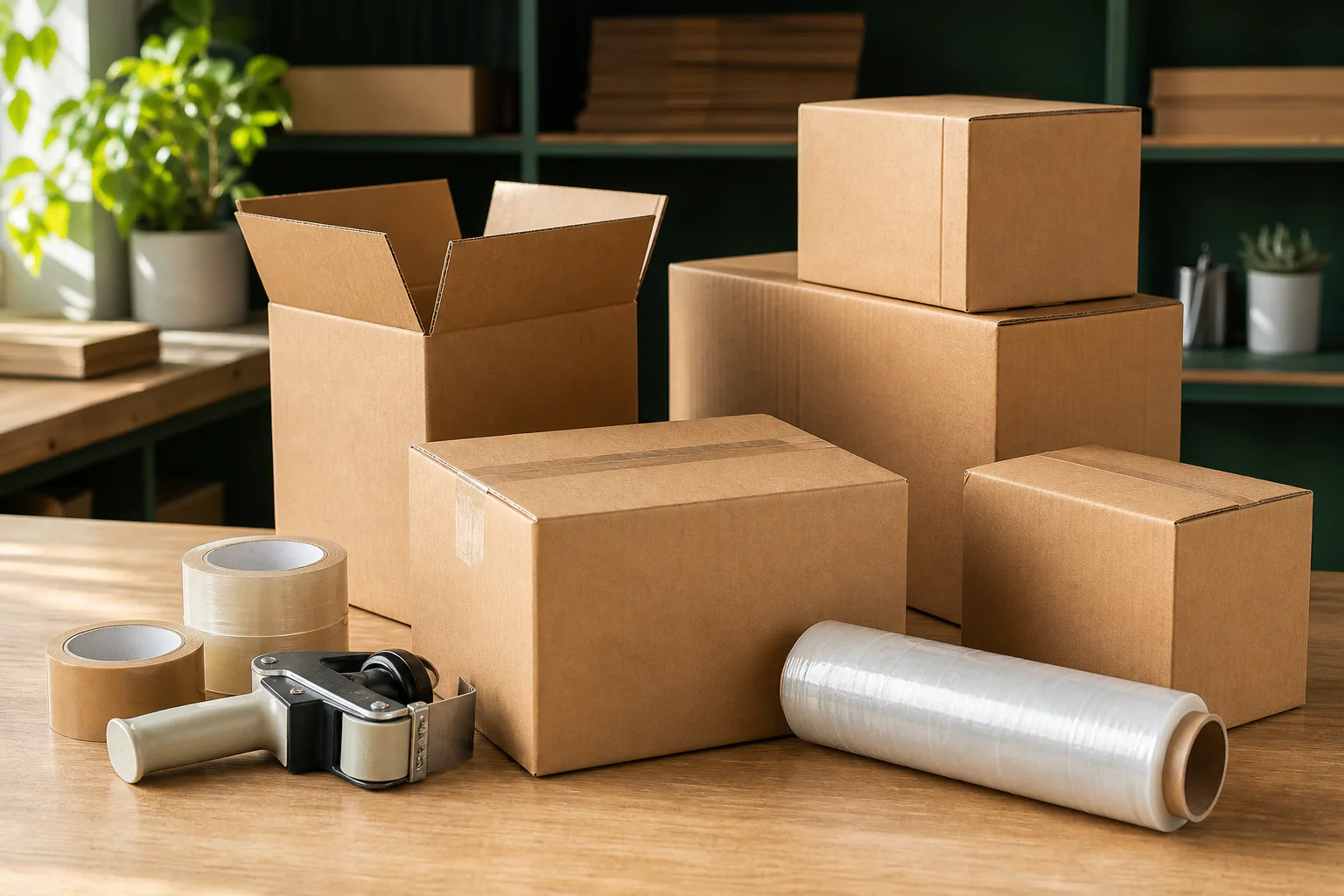 Corrugated shipping boxes, packing tape, and stretch wrap arranged for an order on a packing table